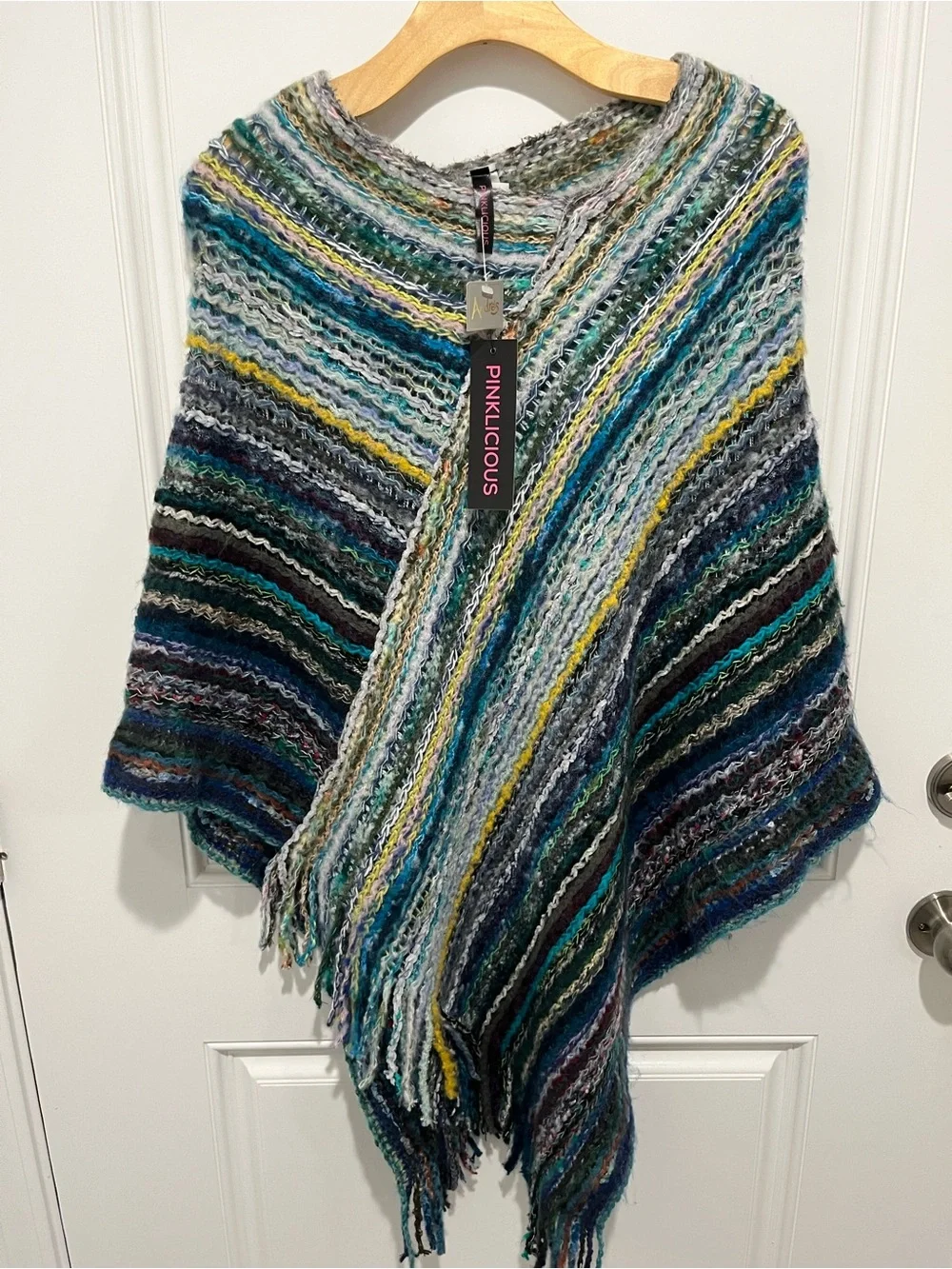 Multicolor Knit Fringe Poncho - Teal, Gray & Yellow